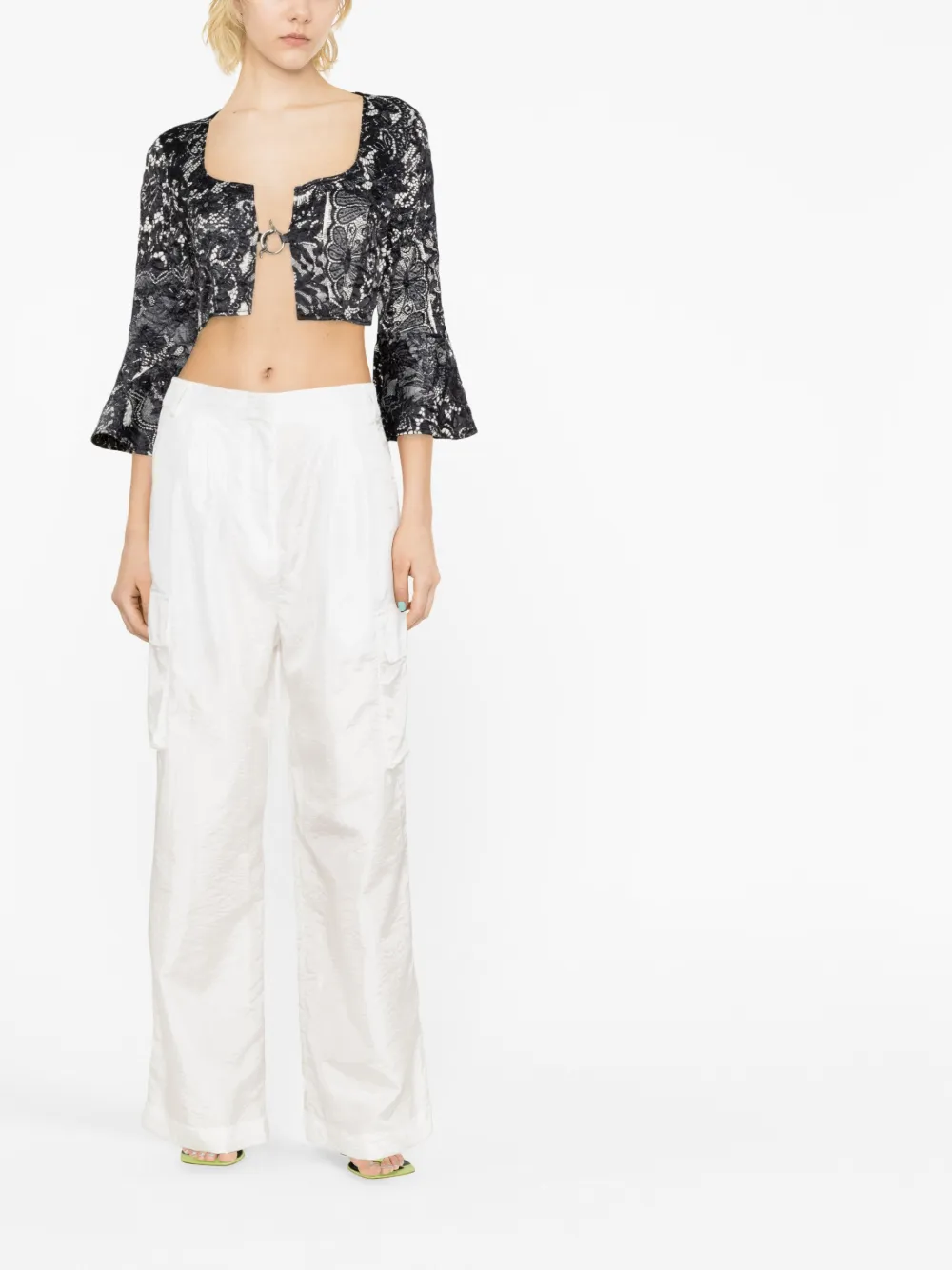 Shop Ganni Lace-print Cropped Blouse In Black