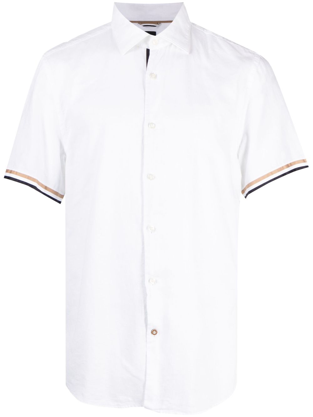 Hugo Boss Cotton And  Linen Casual Fit Short Sleeve Shirt With Signature Stripe In White
