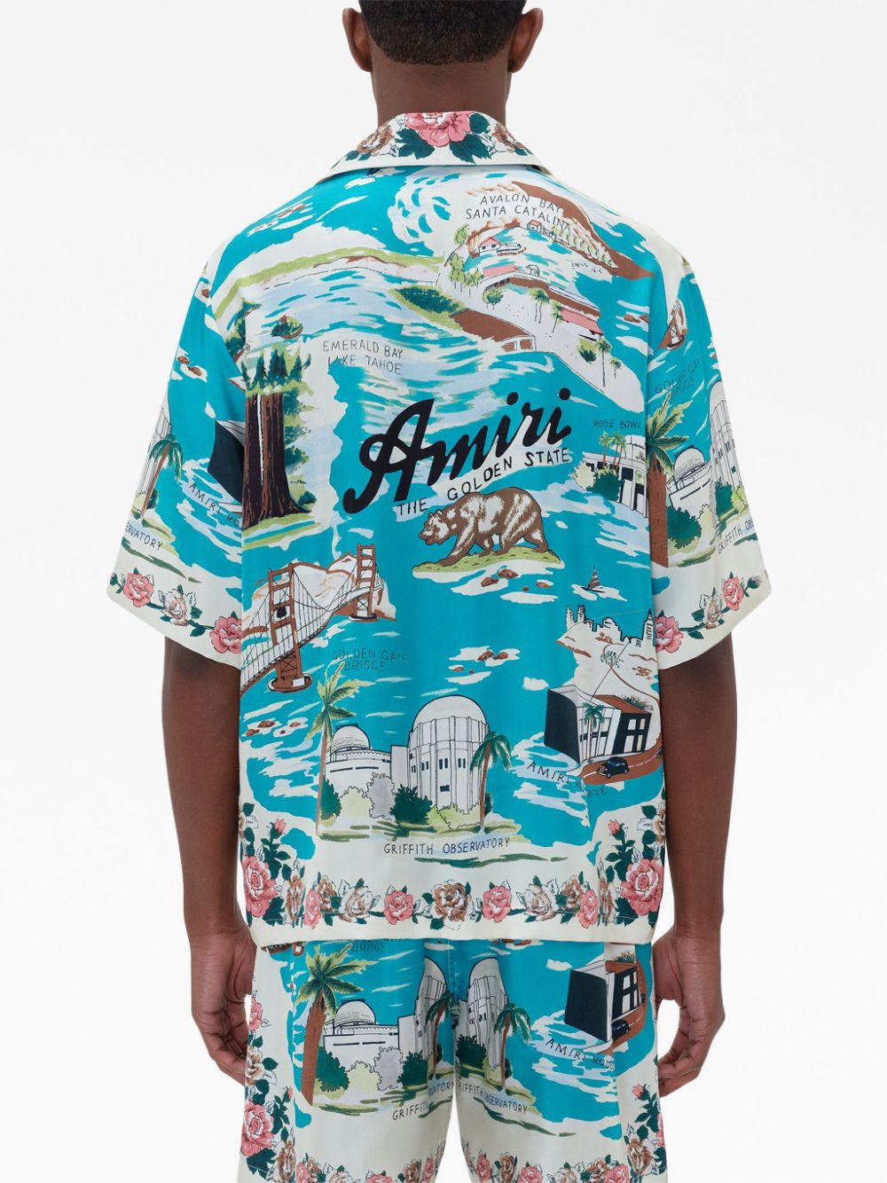 Amiri Blue Beverly Hills Print Silk Short Sleeve Hawaiian Shirt S