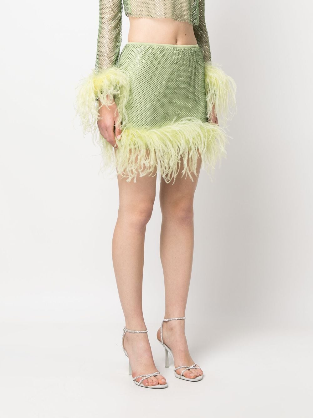 Shop Patrizia Pepe Feather-trim Rhinestone Mini Skirt In Green