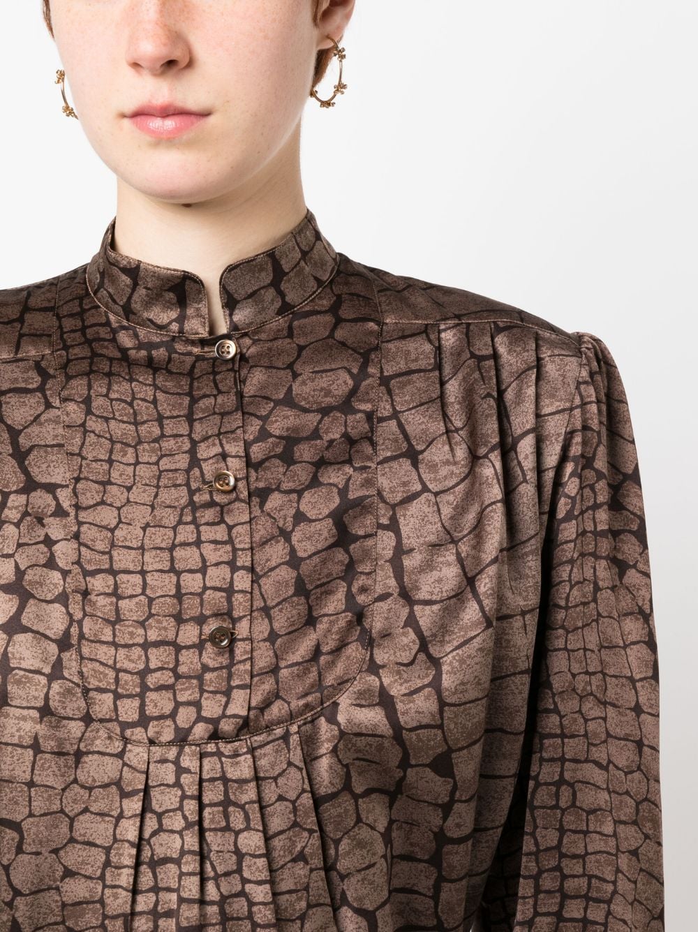 Pre-owned Valentino 1980s Geometric-print Silk Blouse In Brown