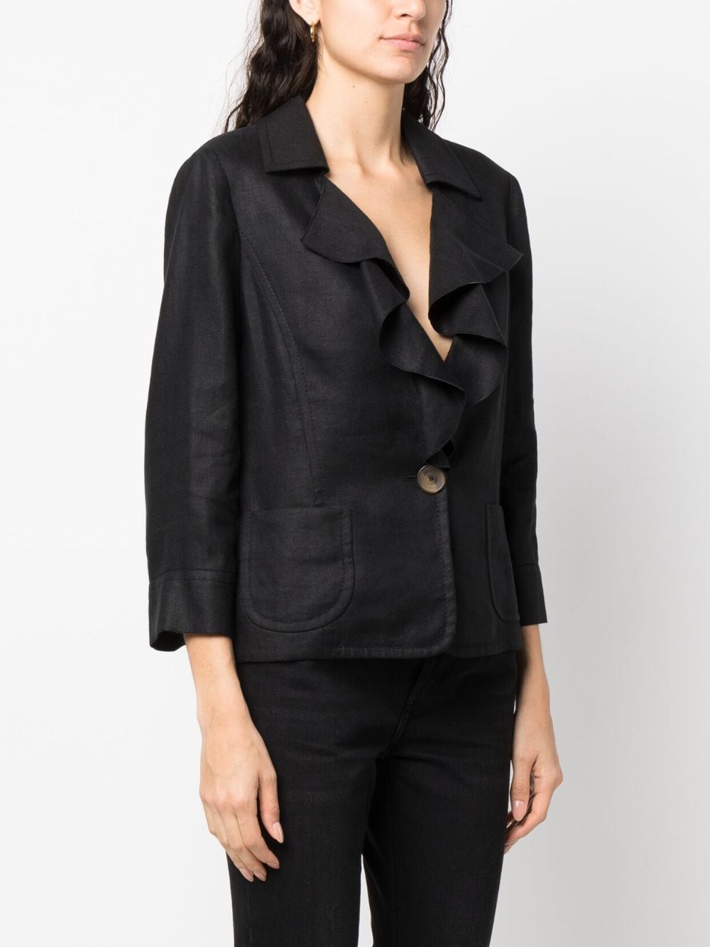 Pre-owned Valentino 2010 Ruflle-collar Single-breasted Linen Jacket In Black
