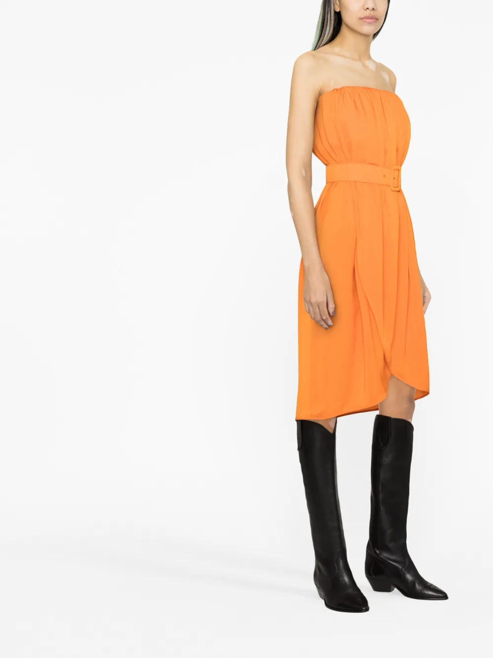 Shop Pinko Belted Strapless Midi Dress In Orange