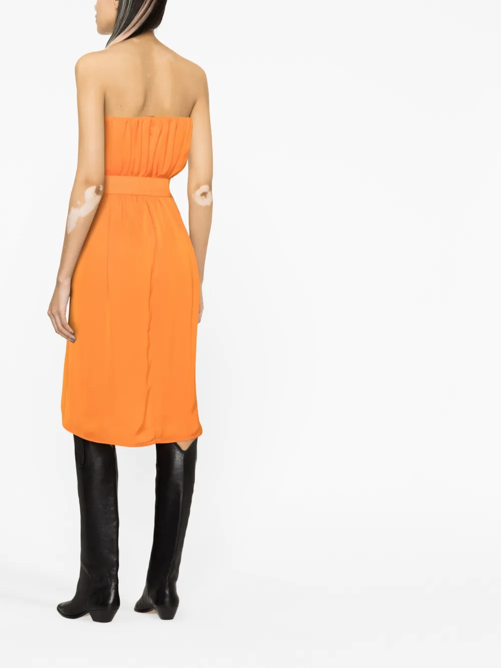 Shop Pinko Belted Strapless Midi Dress In Orange