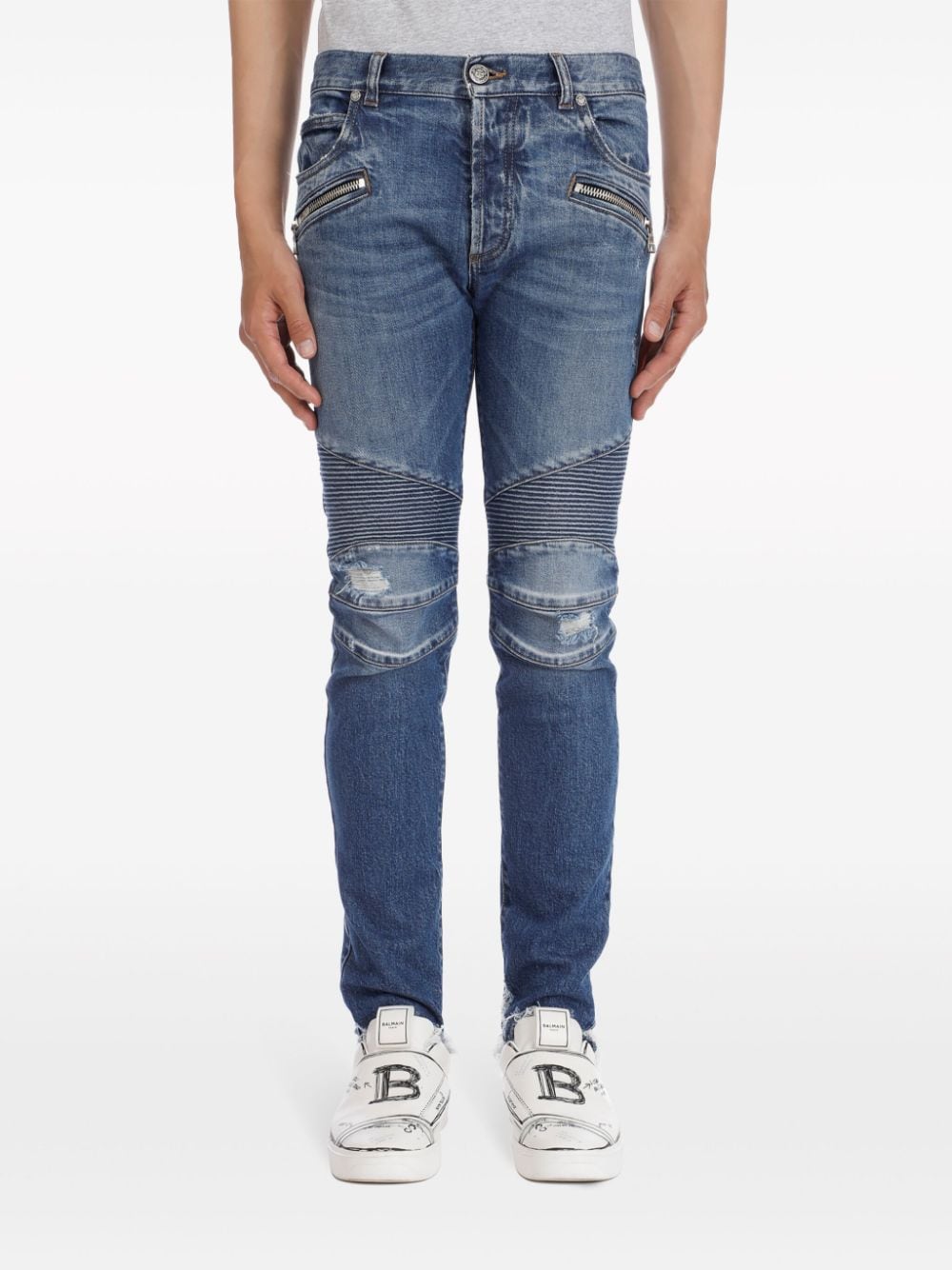 Shop Balmain Ripped Tapered Jeans In Blue