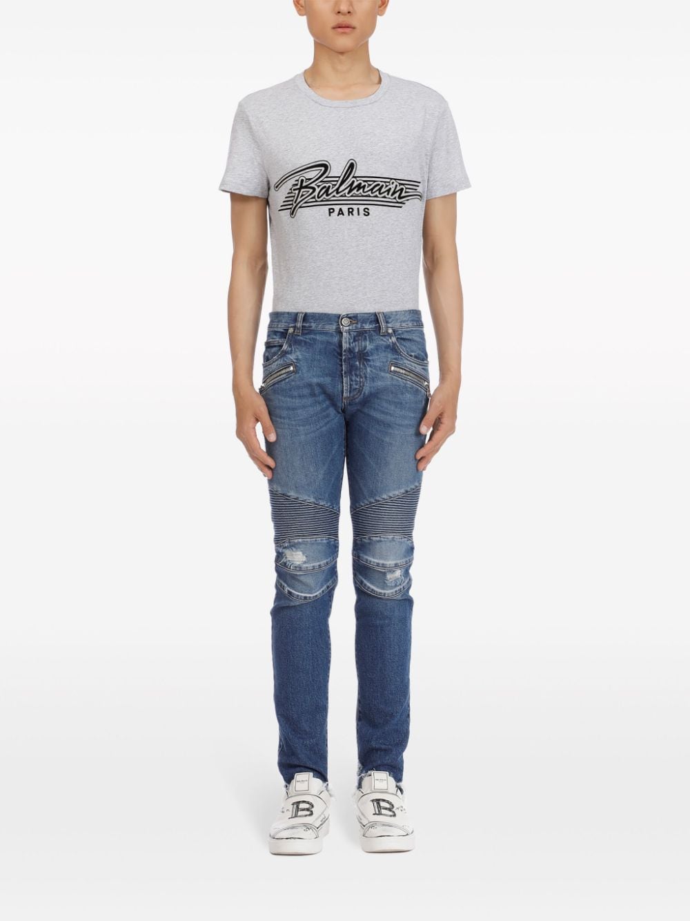 Shop Balmain Ripped Tapered Jeans In Blue