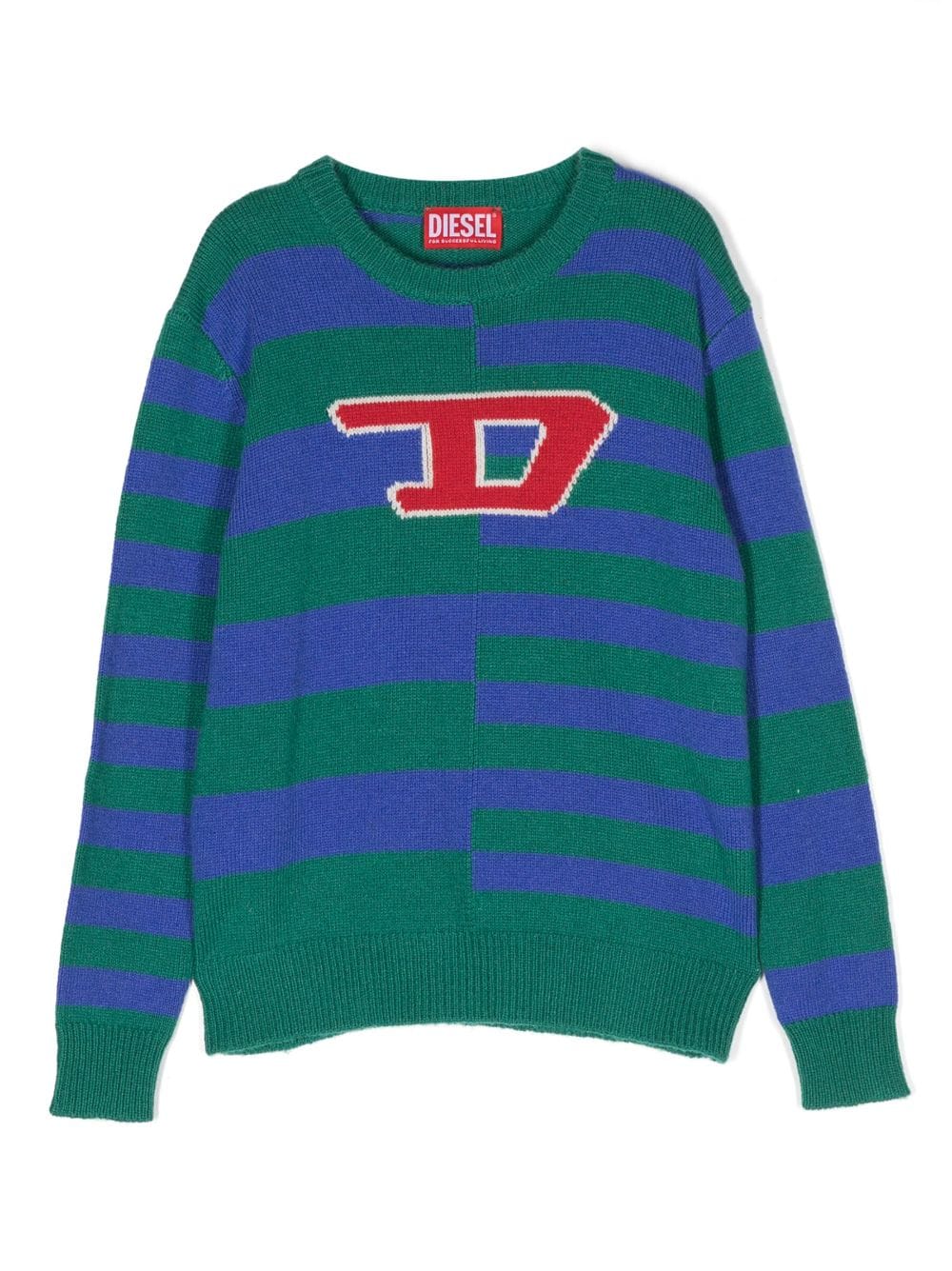 Shop Diesel Intarsia-knit Logo Striped Pullover In Green