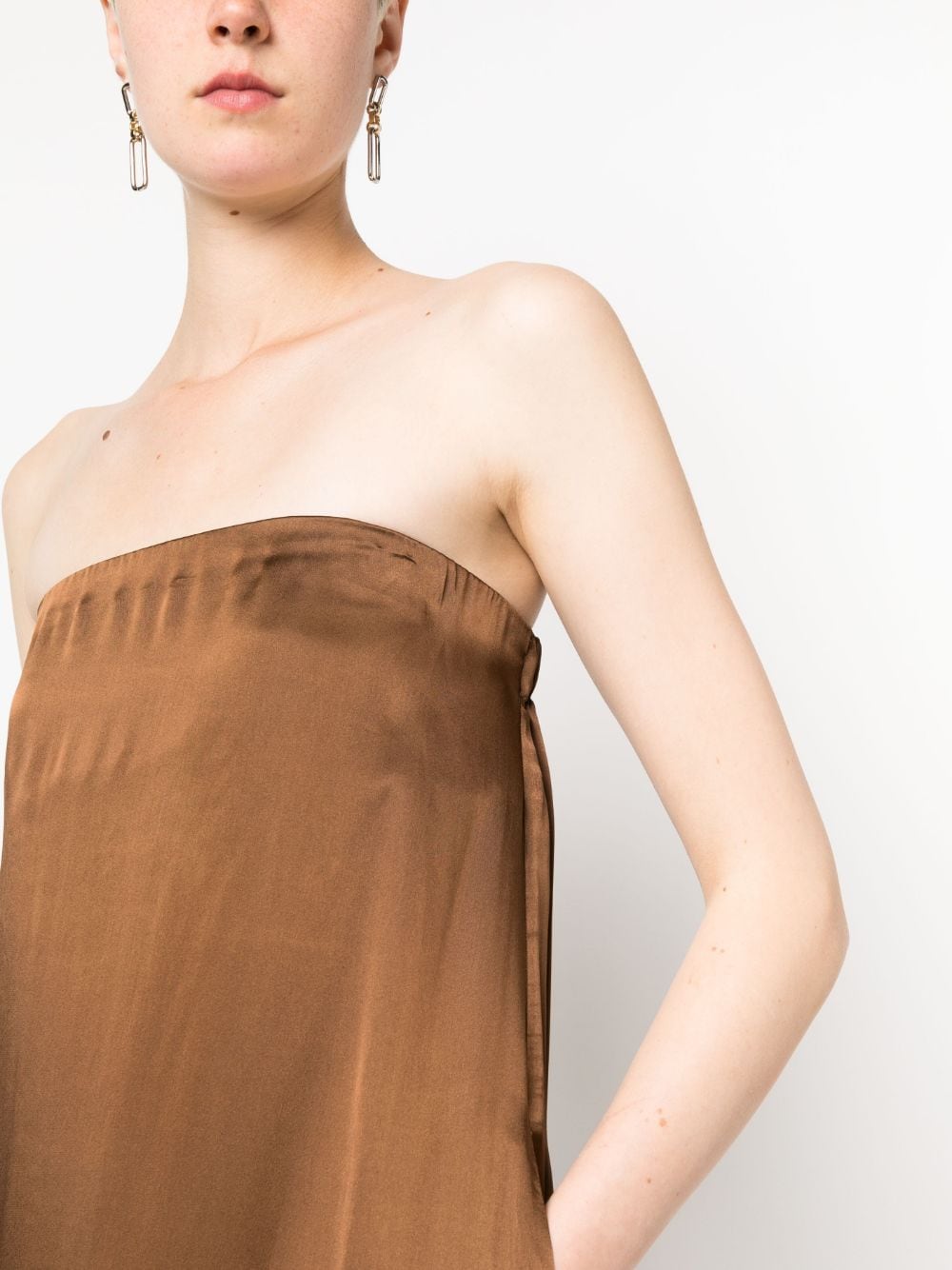 Shop Semicouture Satin-finish Strapless Dress In Brown