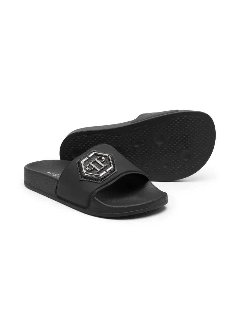 Philipp Plein Junior Teenslippers met logoprint - Zwart