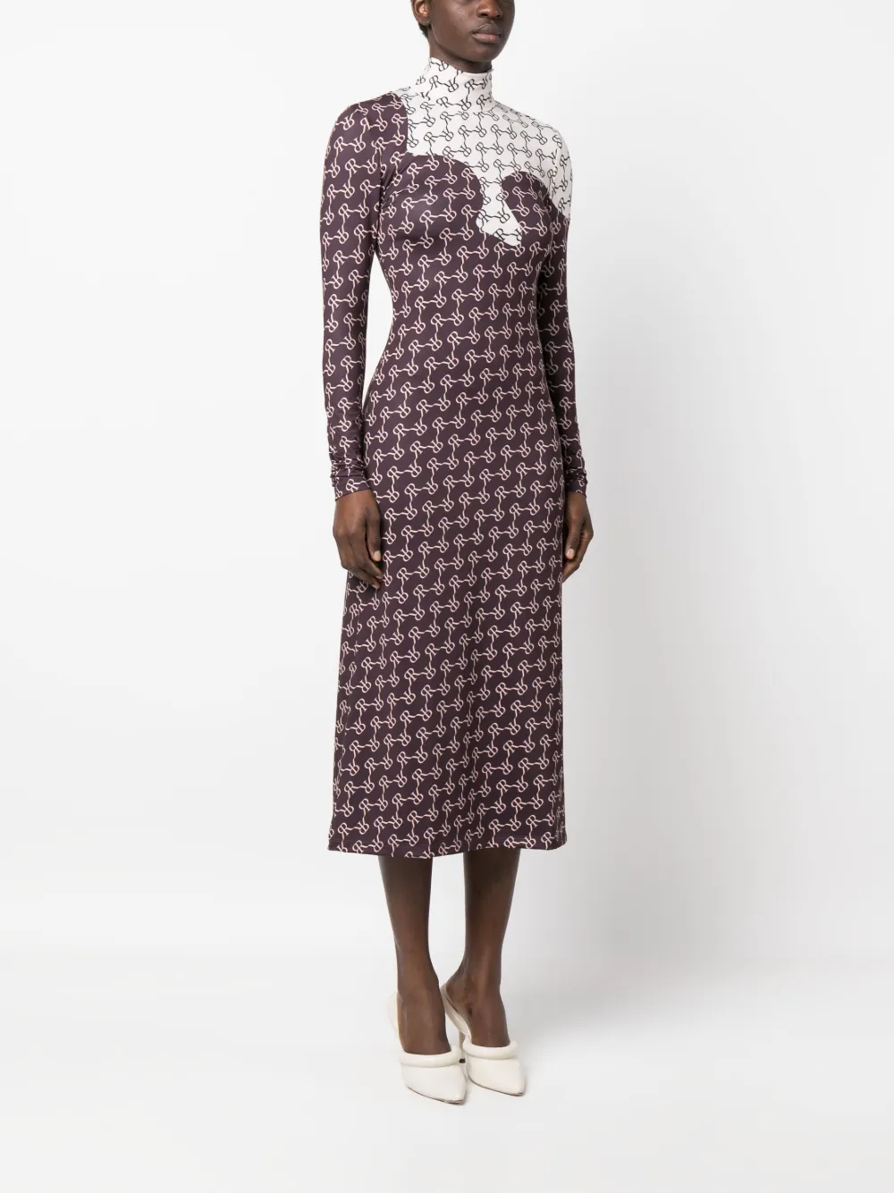 Rokh Two-tone Monogram Midi Dress In Braun