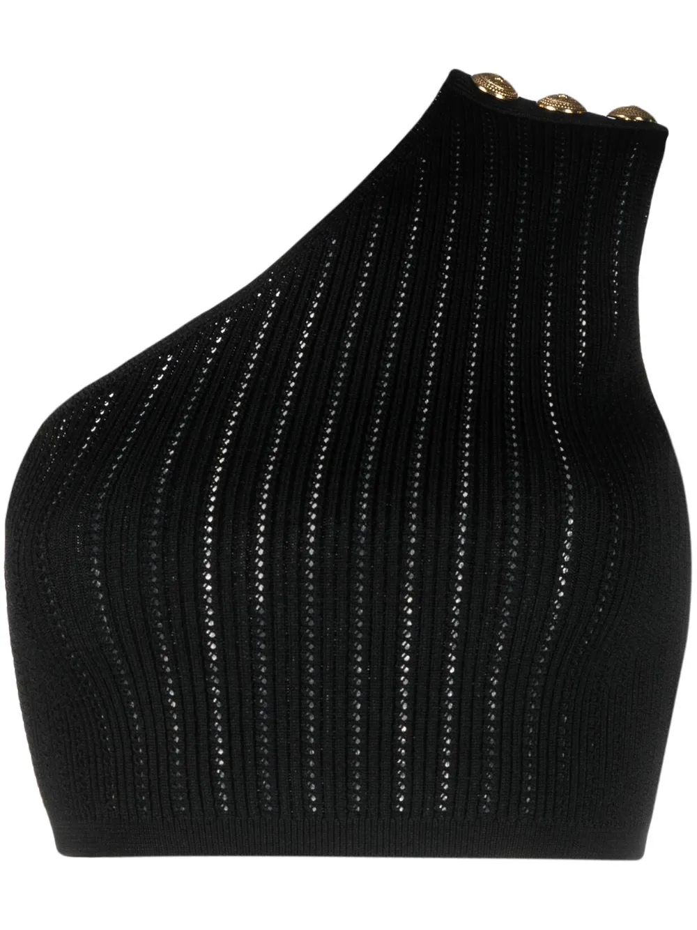 Balmain Asymmetric Viscose Ribbed Knit Crop Top In Schwarz