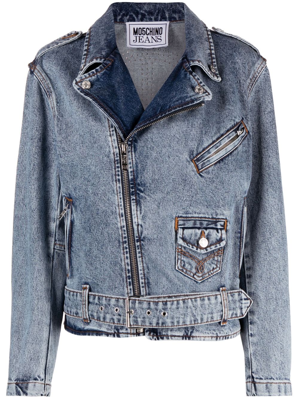 MOSCHINO JEANS crystal-embellished denim biker jacket - Blue