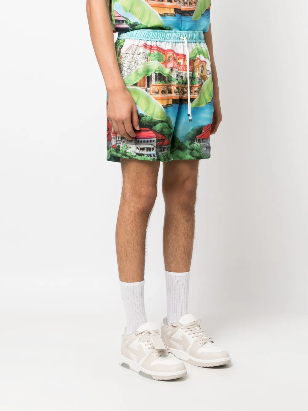 Amiri Eden Graphic-print Silk Shorts In Blue