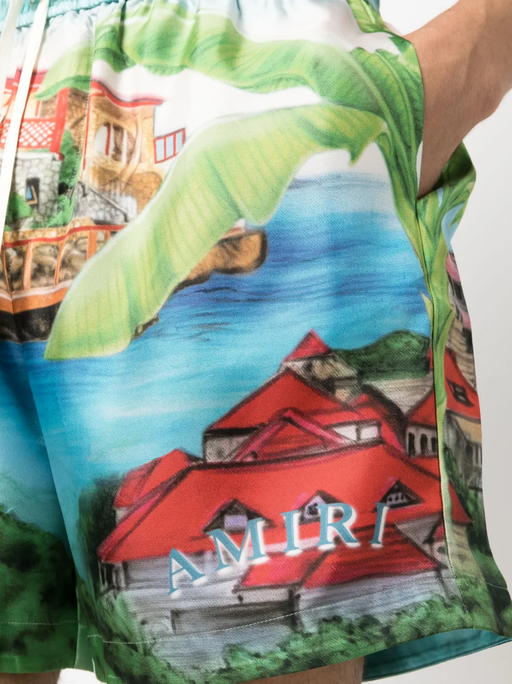 Amiri Eden Graphic-print Silk Shorts In Blue