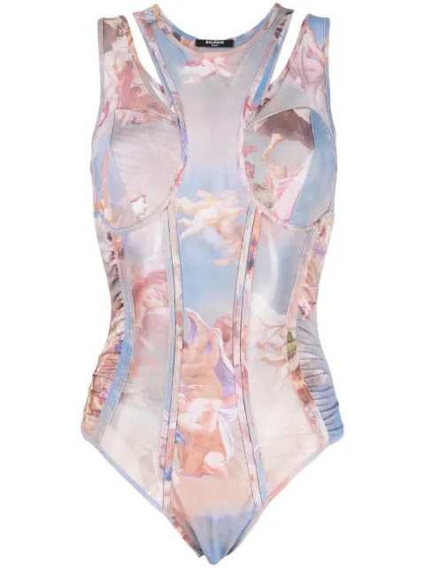 Balmain Sky-print tulle bodysuit