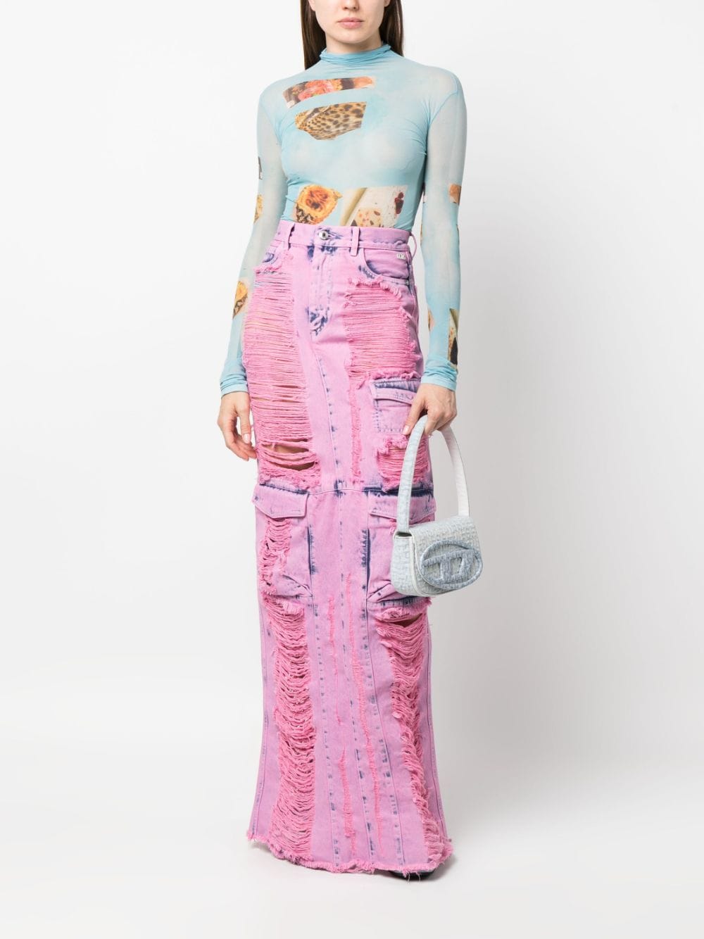 Shop Gcds Frayed-denim Cargo Maxi Skirt In Pink