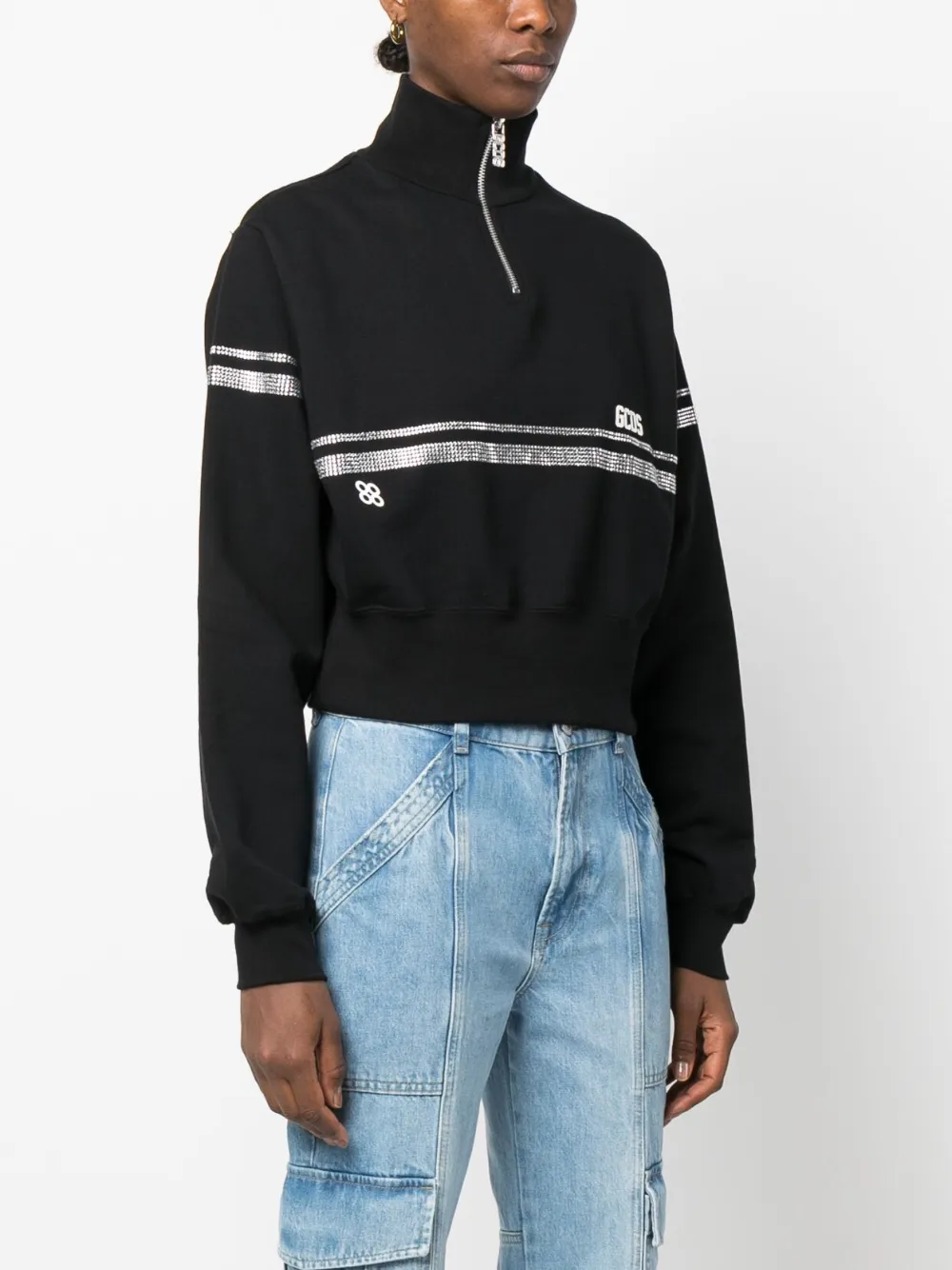 Gcds Rhinestone-embellished Cropped Sweatshirt In 黑色