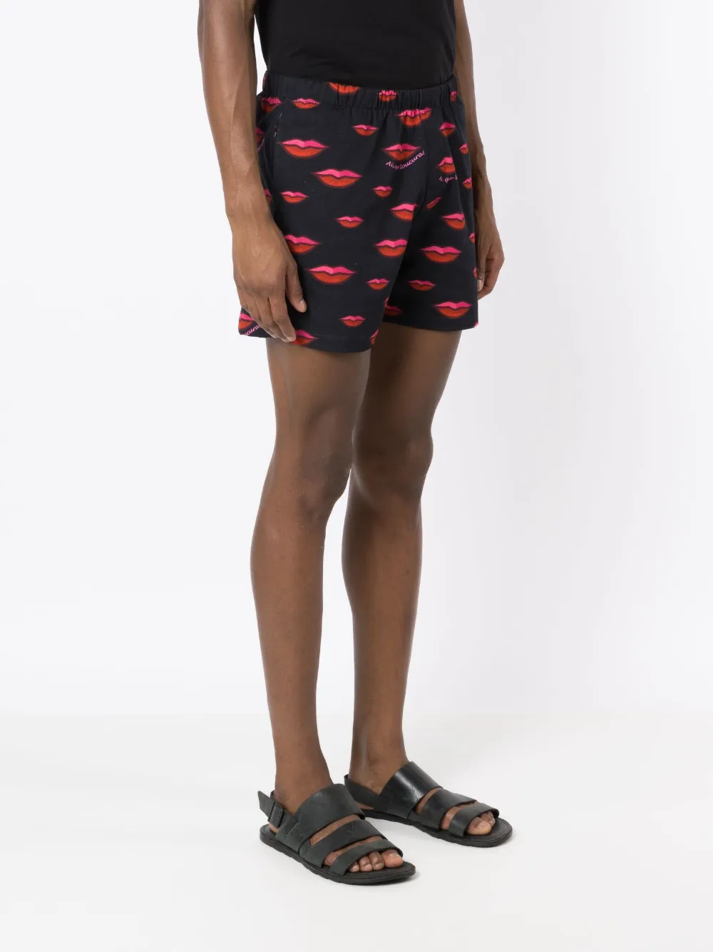 Shop Amir Slama Lips-pattern Cotton Shorts In 黑色