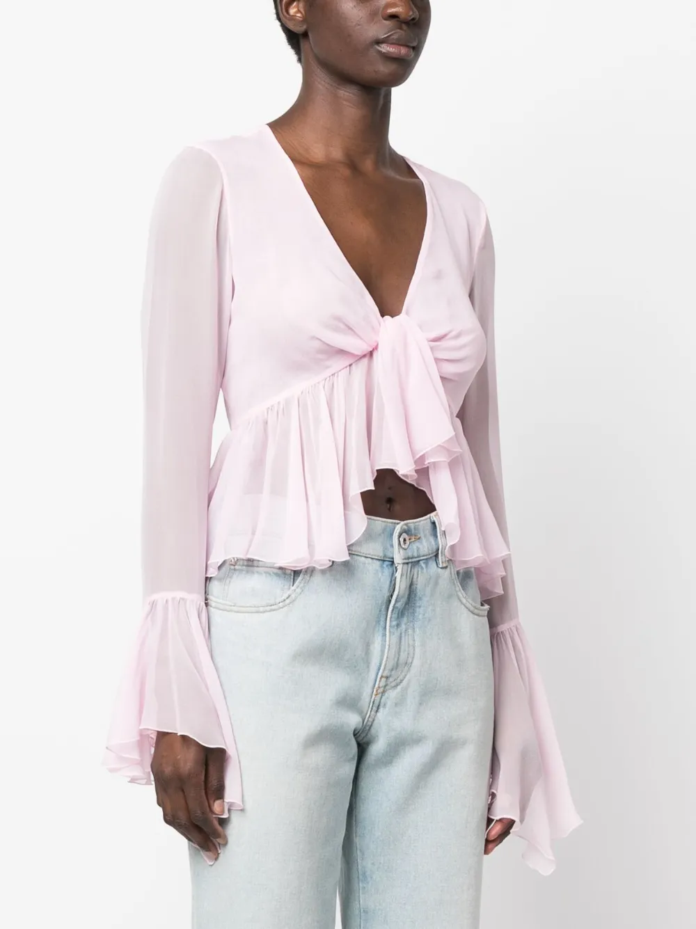  Blumarine Ruffled Long-sleeve Silk Blouse - Pink 