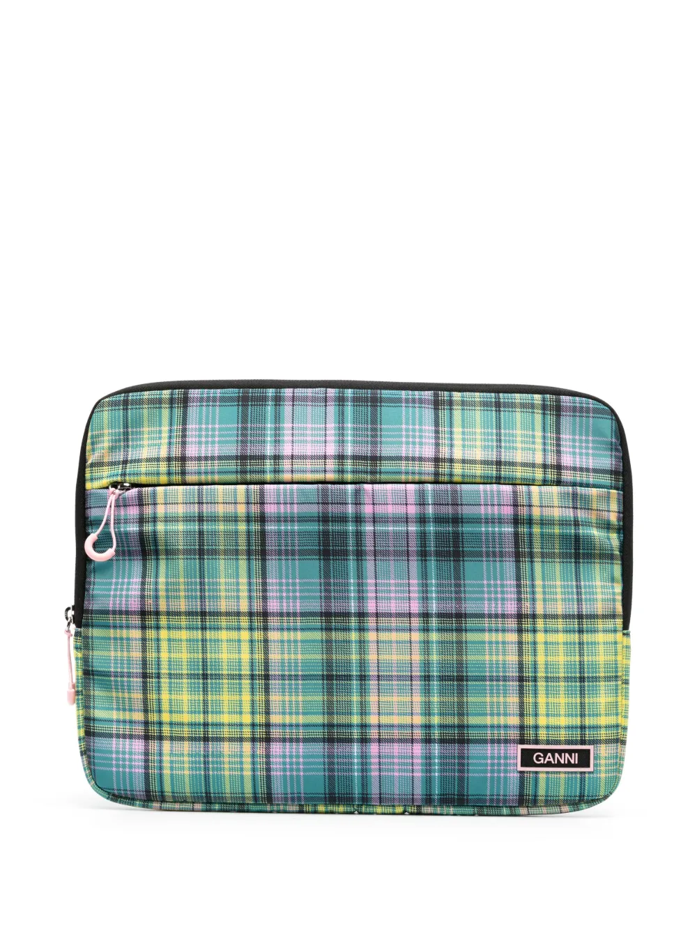 Ganni Check-print Laptop Sleeve In Green