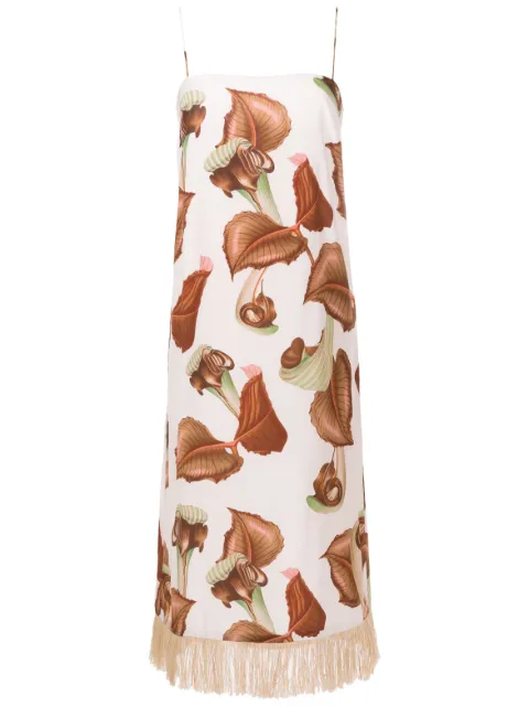 Adriana Degreas fringed-edge leaf print silk dress