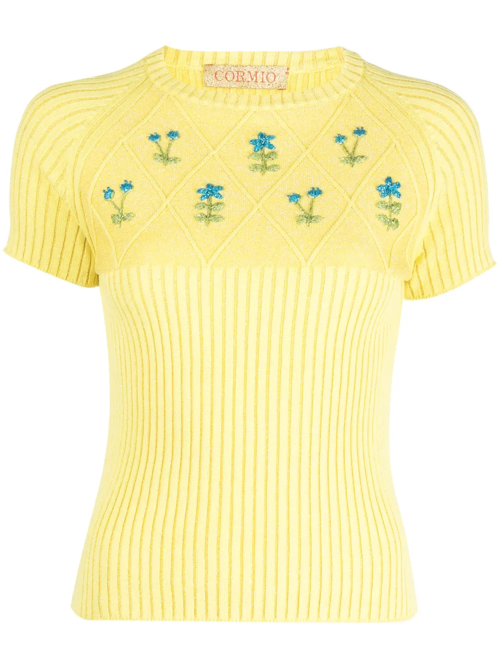 flower-embroidered knitted T-shirt