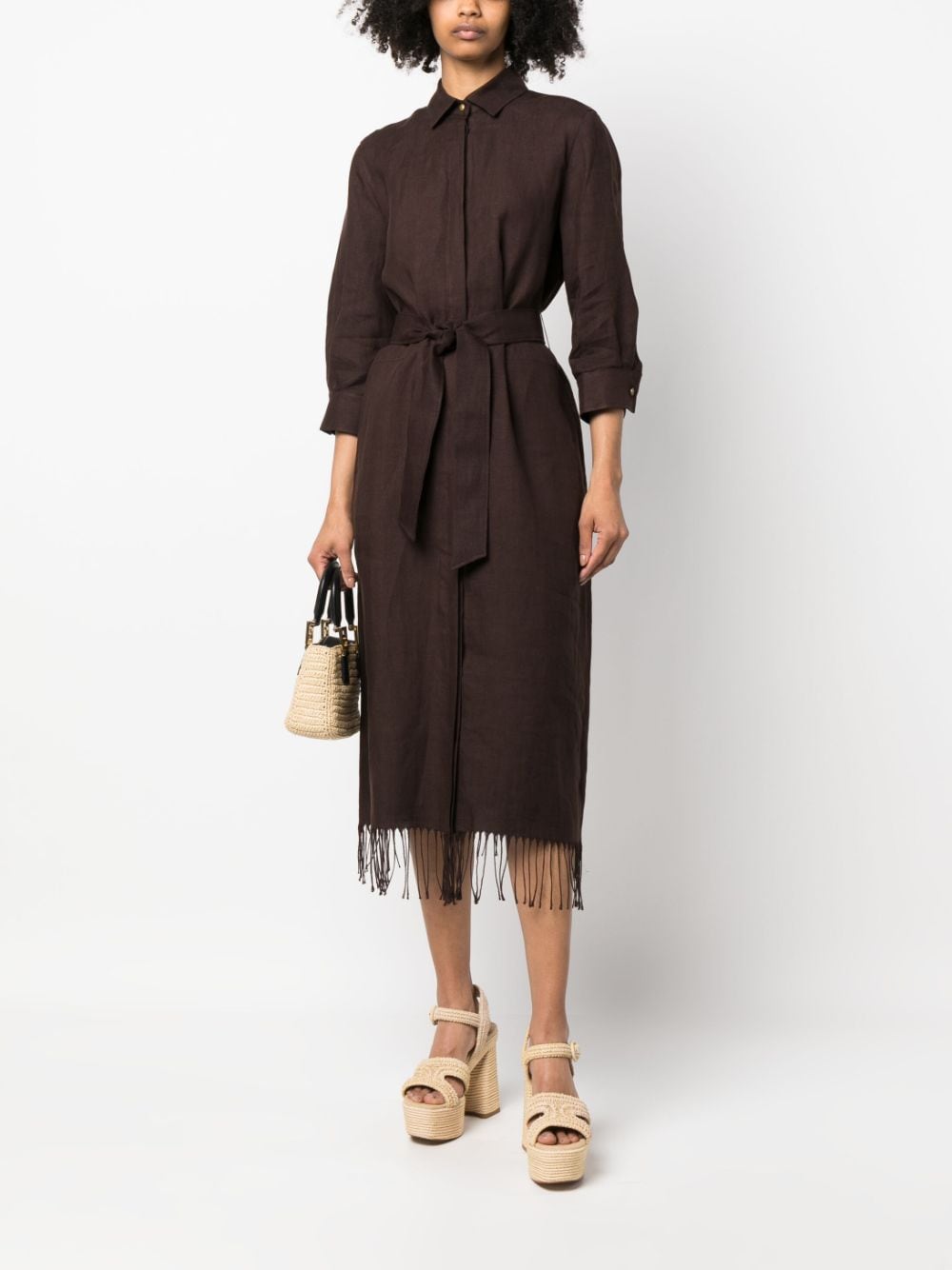Shop Max Mara Fringe-hem Linen Shirt Dress In Brown