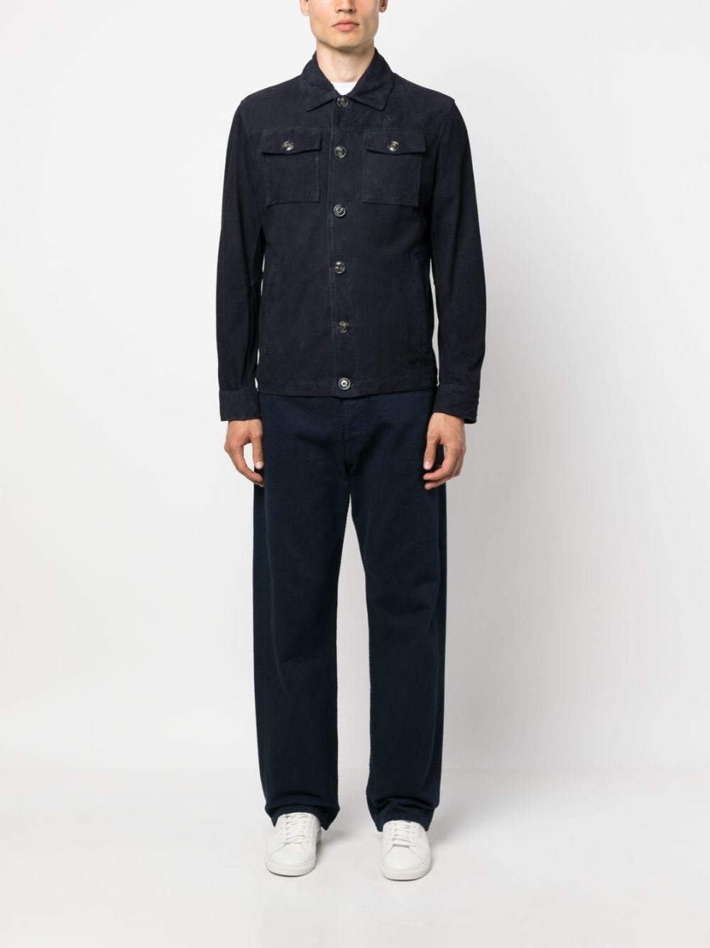 Shop Barba Buttoned Leather Shirt Jacket In Blue