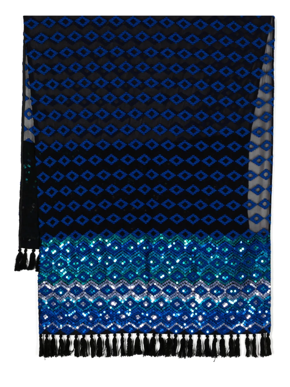 Pre-owned Dries Van Noten Sequinned Fringed Silk Scarf In Blue