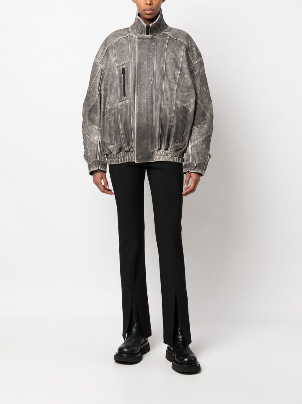 Shop Manokhi High-neck Leather Jacket In Grey