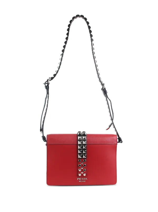 Prada Red City Calf and Saffiano Leather Studded Elektra Crossbody