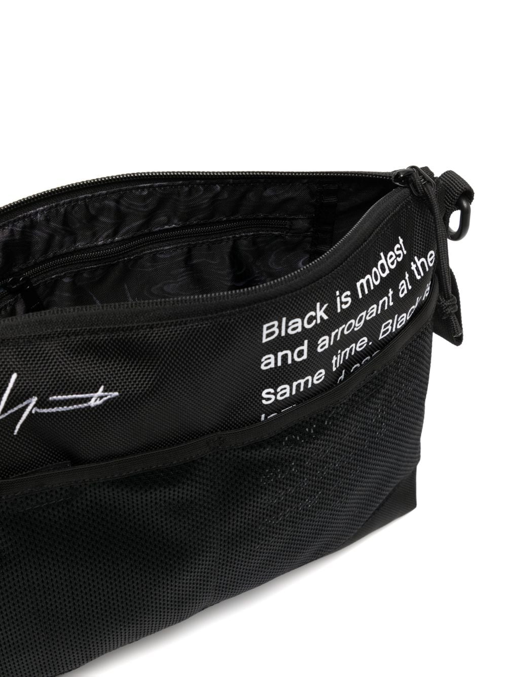 Shop Yohji Yamamoto Slogan-print Mesh Shoulder Bag In Black