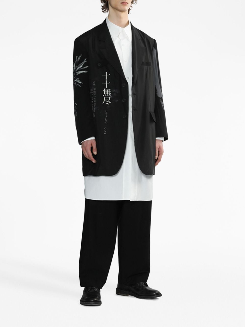Shop Yohji Yamamoto Graphic-print Button-up Silk Blazer In Black
