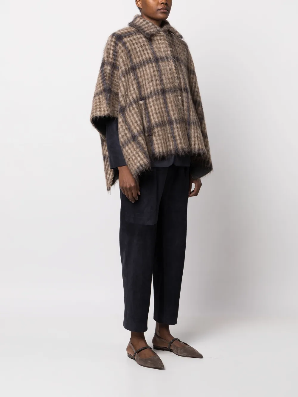 Brunello Cucinelli Checked Textured Poncho In Nude