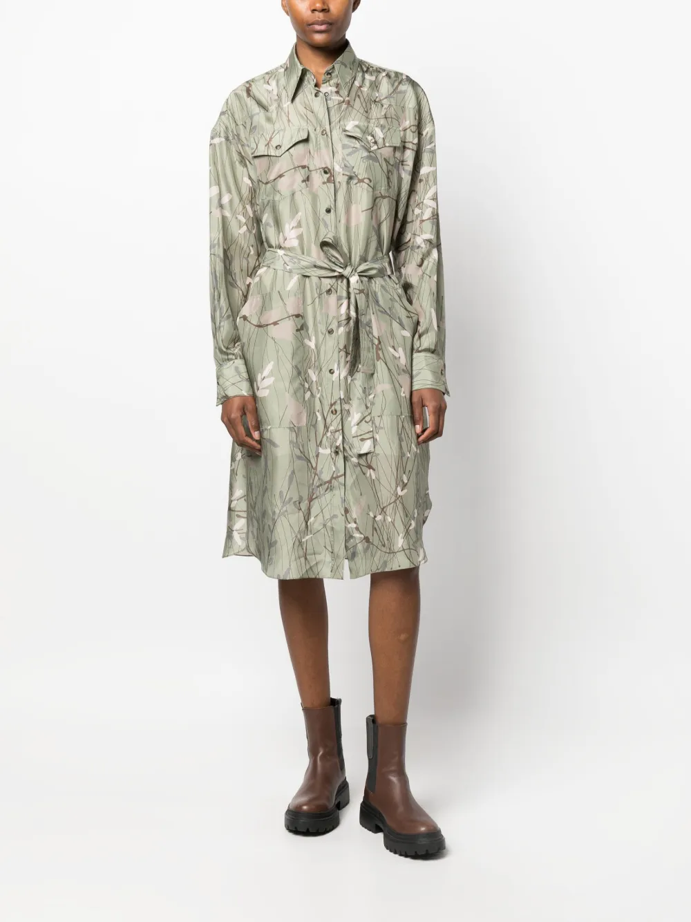 Brunello Cucinelli Ramage-print silk shirtdress - Groen