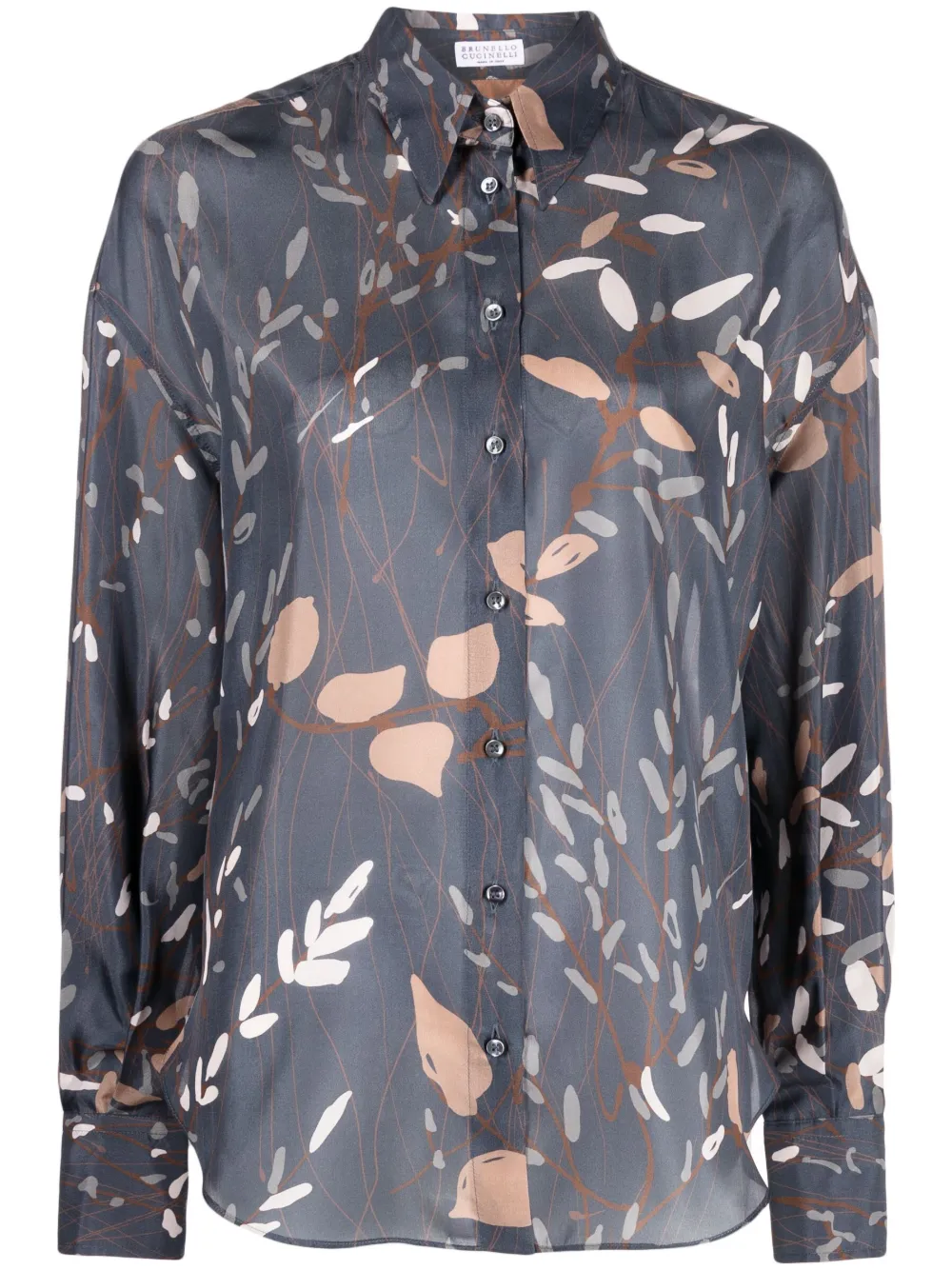 Brunello Cucinelli Silk Floral-printed Button-front Blouse In C6610 Navy