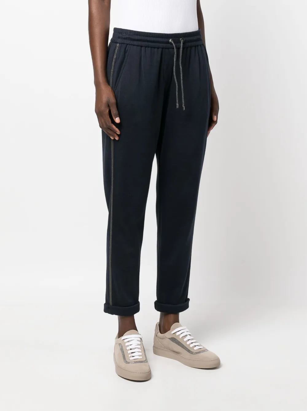 Shop Brunello Cucinelli Cropped Drawstring-waistband Trousers In Blue