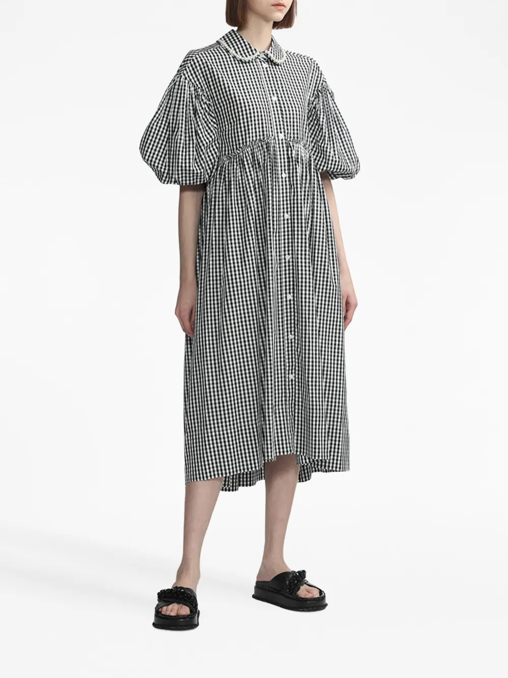 Simone Rocha gingham-print puff-sleeve midi dress - Zwart