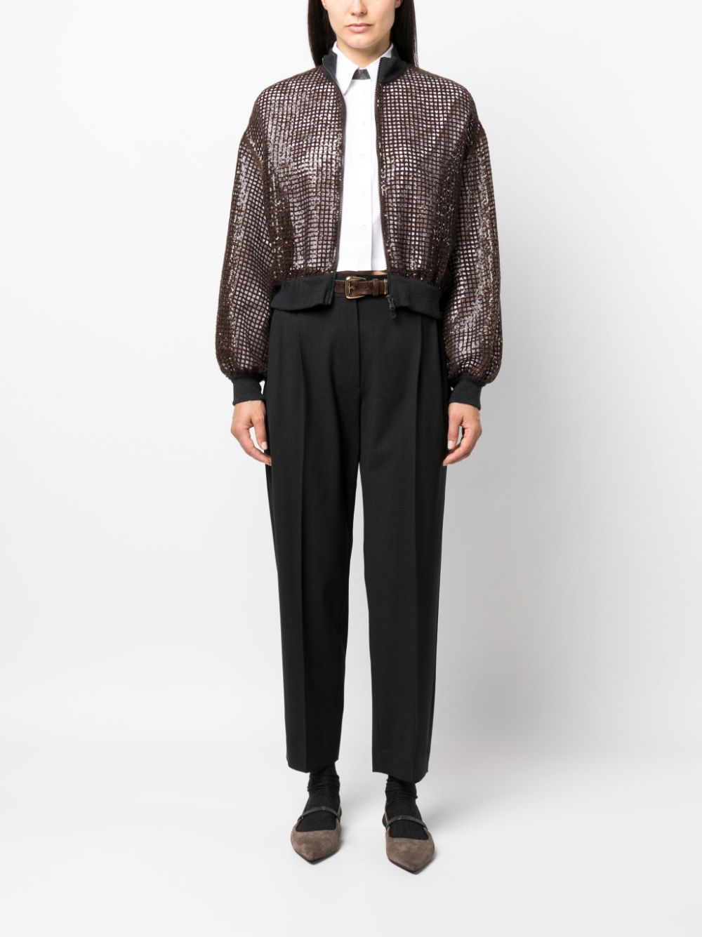 Brunello Cucinelli net-embroidered sequin bomber jacket - Bruin