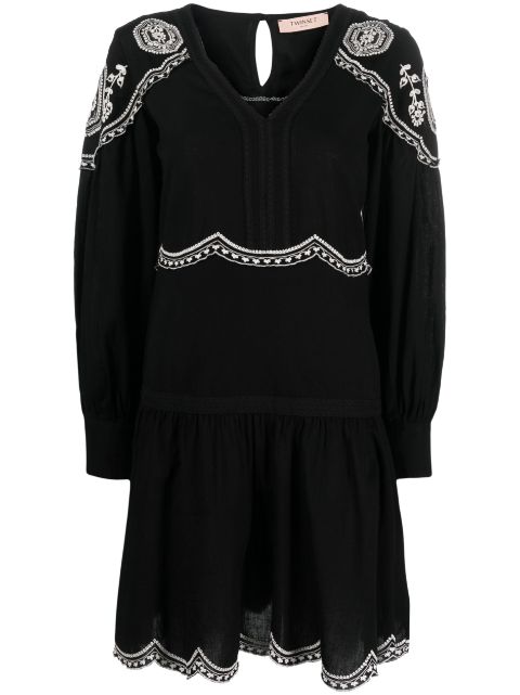 embroidered long-sleeve short dress