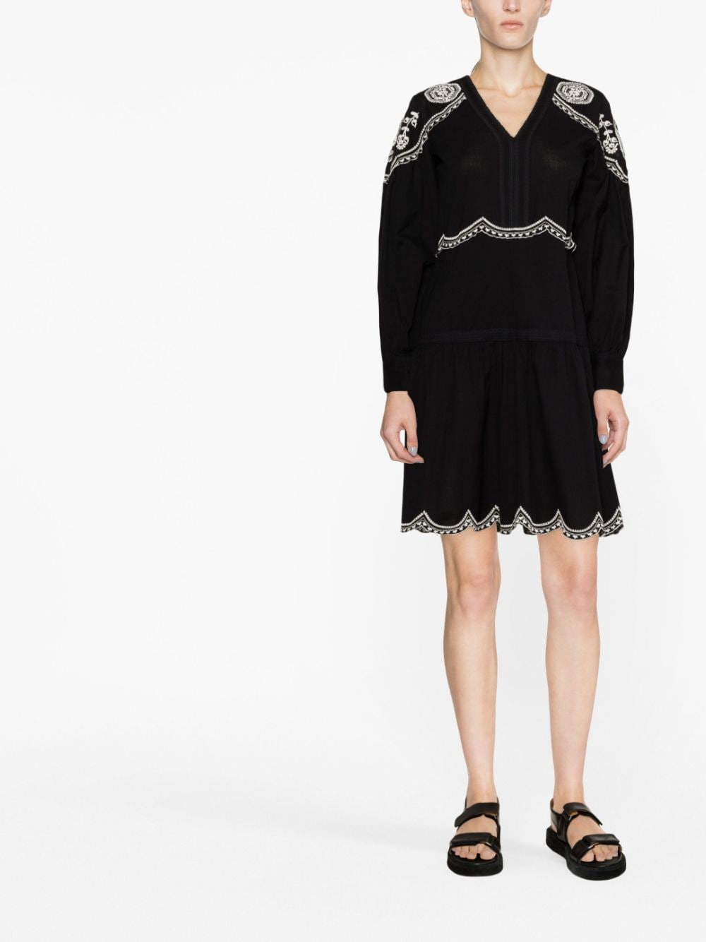 Shop Twinset Embroidered Long-sleeve Short Dress In Black