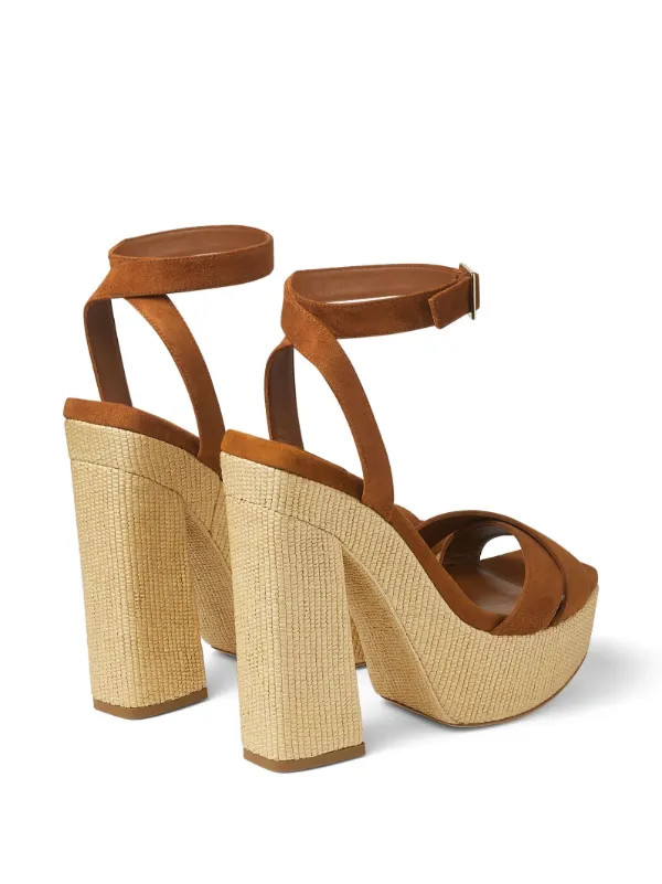 サンダル・ミュール JIMMY CHOO GAIA140 SUEDE W RAFFIA PLATFORM SANDAL GAIA 140 | Sunflower Suede and Natural Raffia Platform