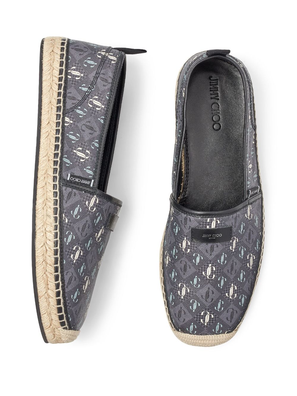 Shop Jimmy Choo Egon Monogram-pattern Leather Espadrilles In Grey