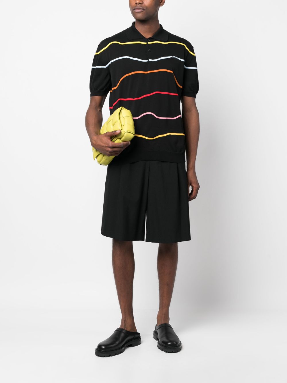 Shop Marni Wave-print Cotton Polo Shirt In Black