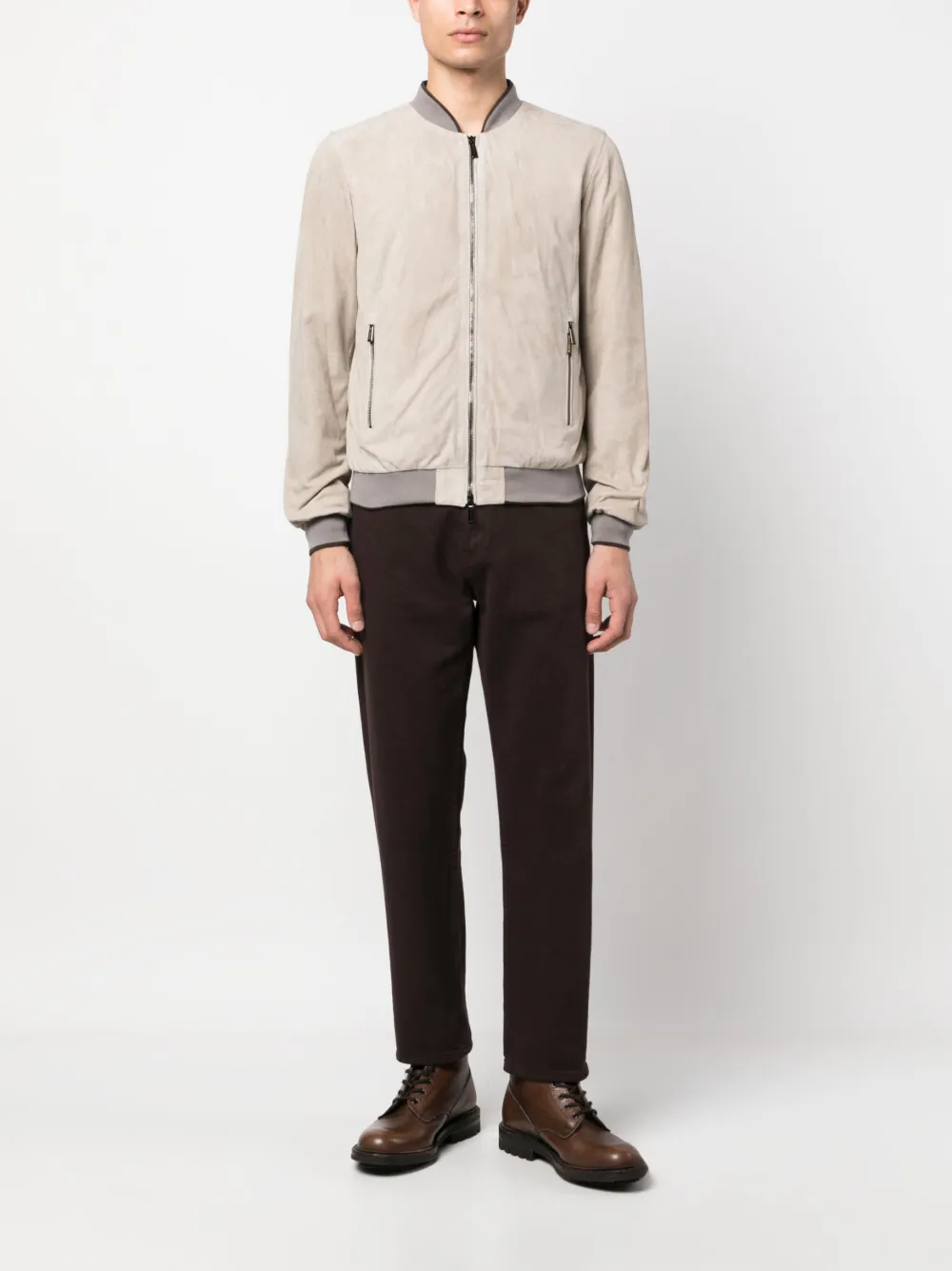 Shop Moorer Zip-up Leather Bomber Jacket In Neutrals