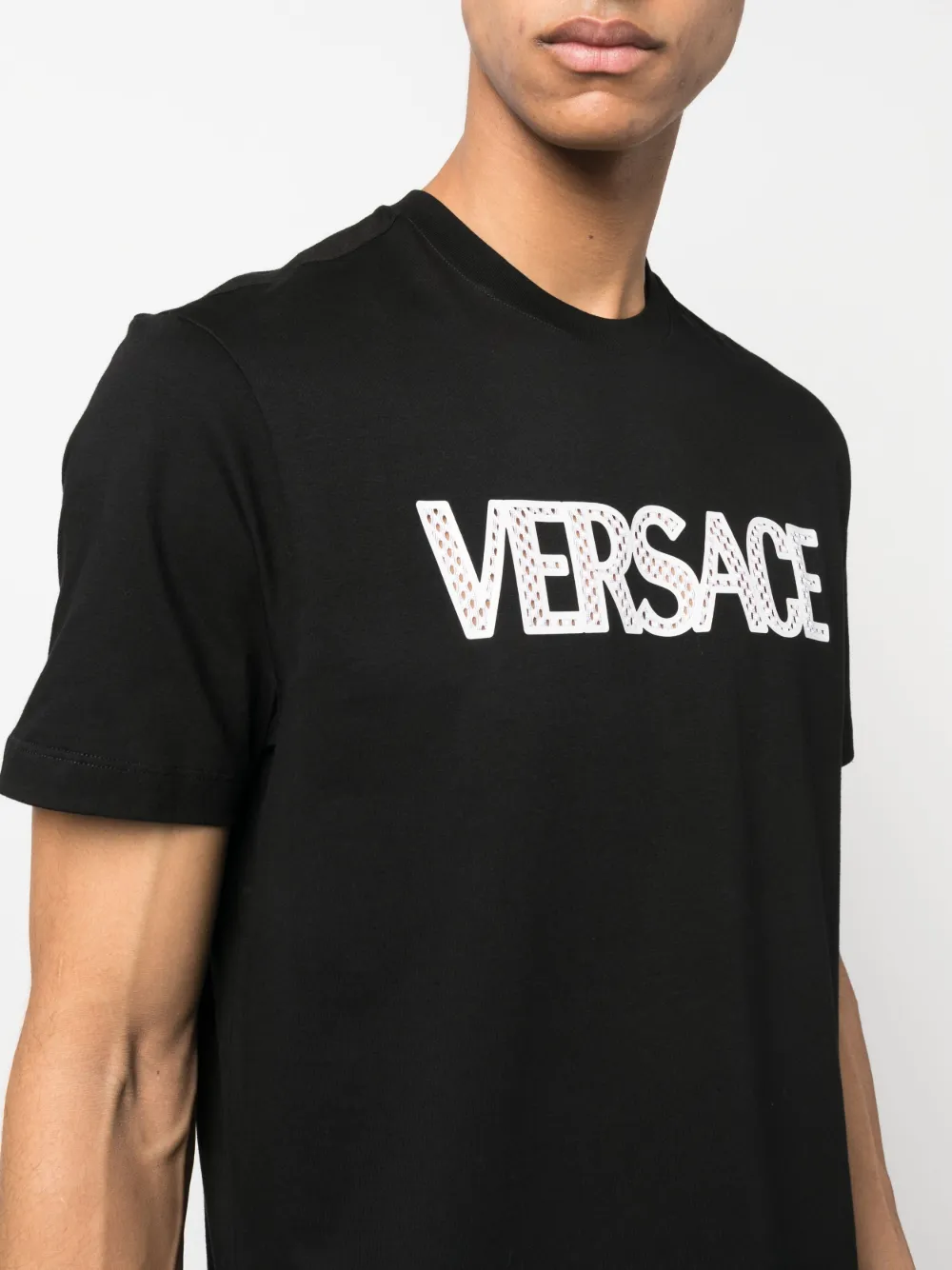 Shop Versace Mesh Logo Appliqué T-shirt In Schwarz