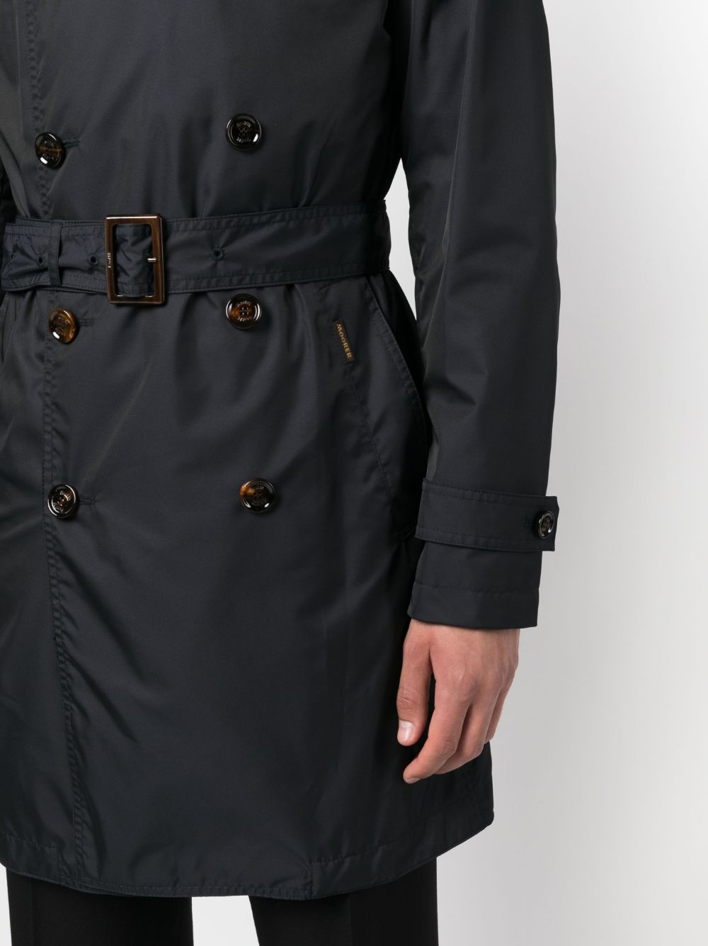 Shop Moorer Double-breasted Belted Trench Coat In Blue