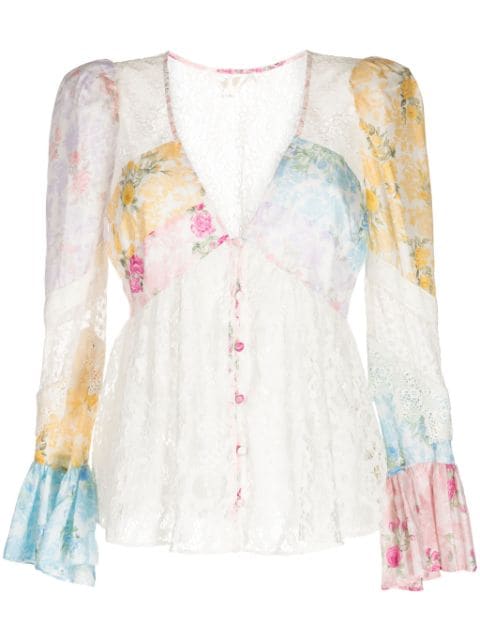 LoveShackFancy Priema patchwork silk blouse