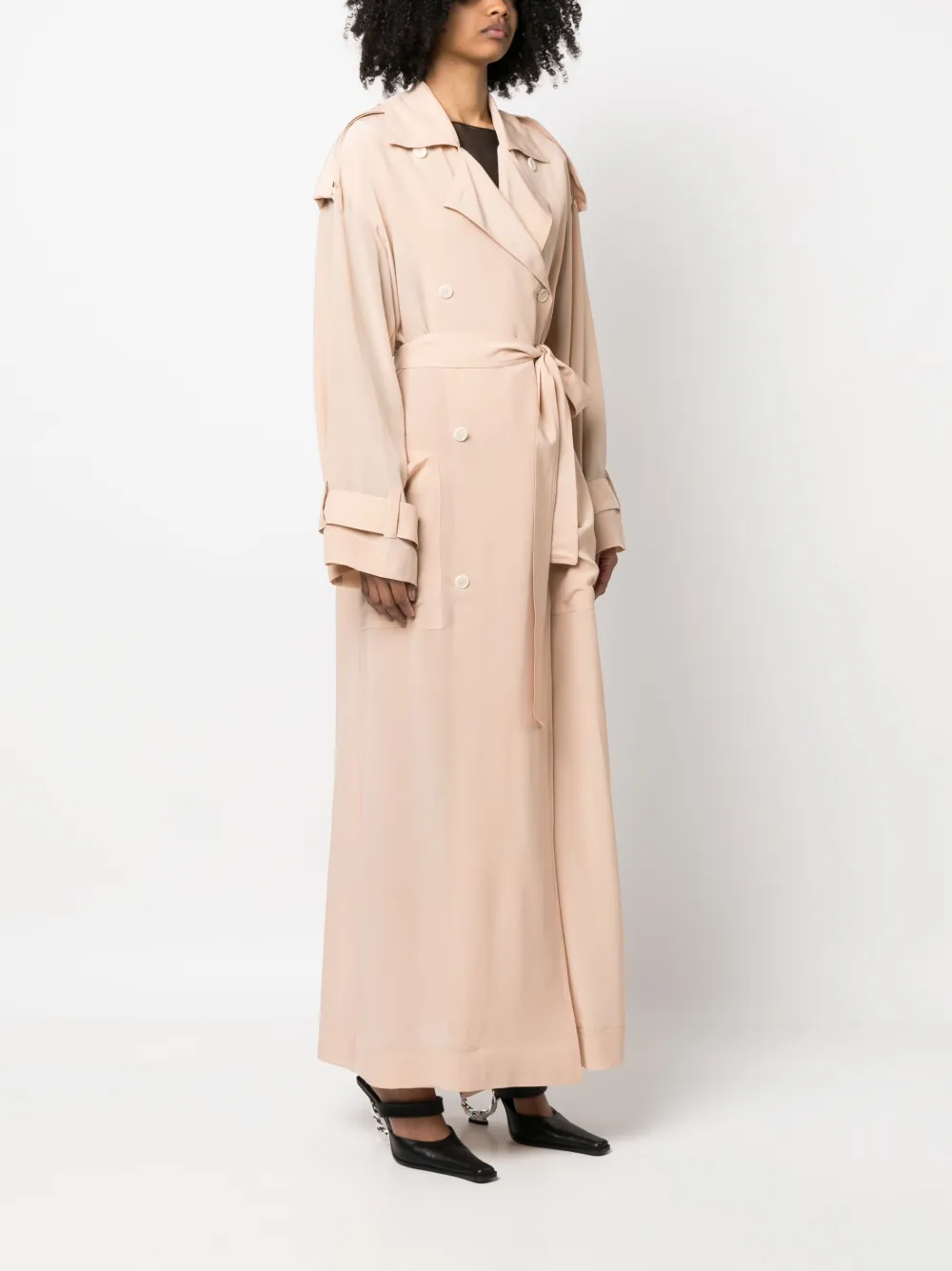 Sehnsucht Atelier Long Belted Silk Trench Coat In Neutral