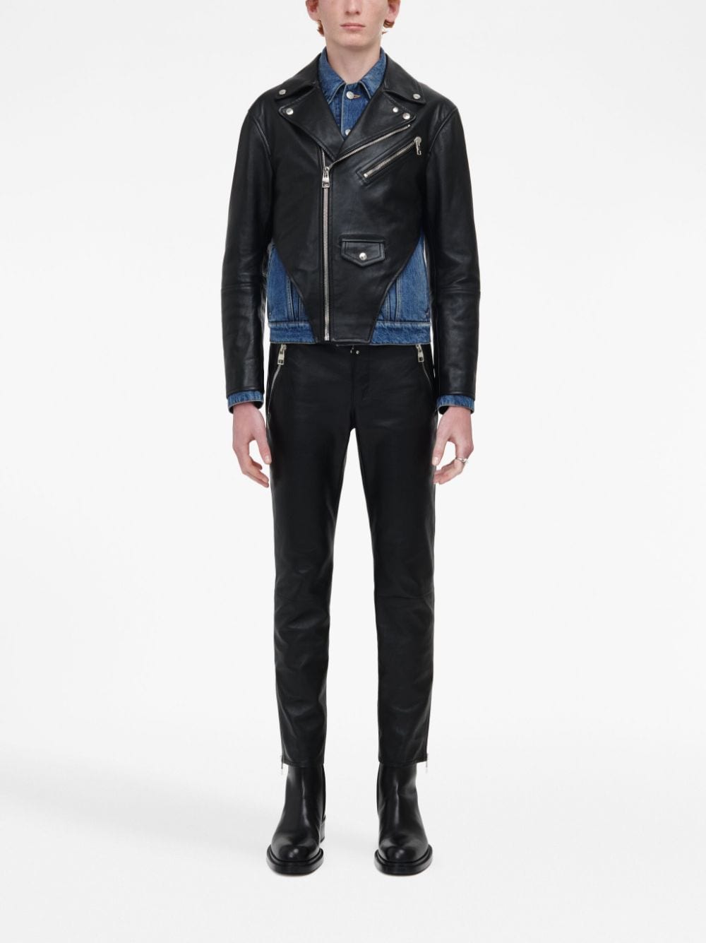 Shop Alexander Mcqueen Leather Panelled Denim Jacket In Black